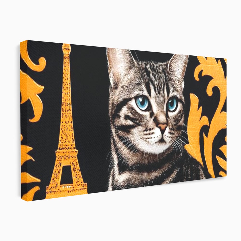 Tablou canvas cu tablou canvas cu pisica si turnul eiffel, fara rama, pe sasiu de lemn